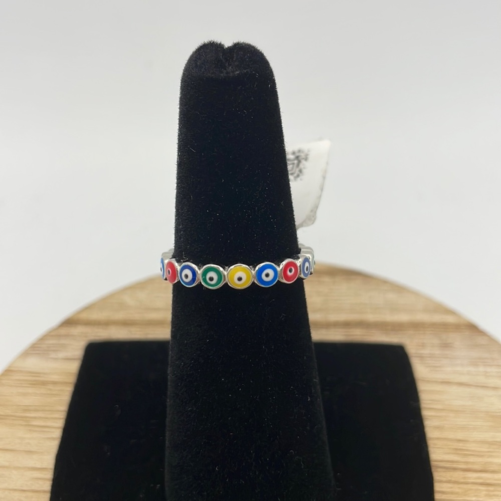 STERLING SILVER EVIL EYE ENAMEL BEADED RING